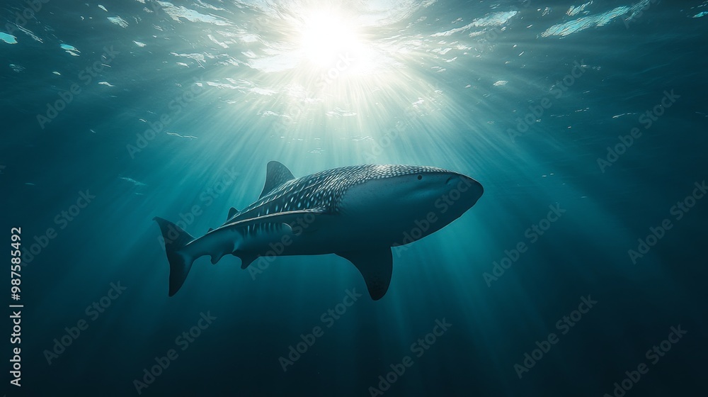 Fototapeta premium A serene underwater shot of a whale shark cruising through the ocean depths, with soft sunlight creating a peaceful and magical ambiance