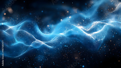 Abstract 3D Blue Wave Background with Glowing Particles