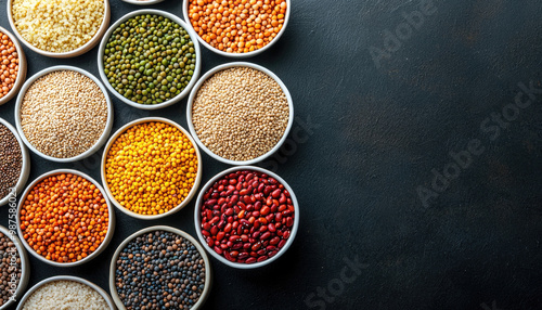 An assortment of colorful legumes arranged in bowls, showcasing the diversity of grains and seeds for culinary use.