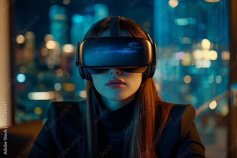 A woman wearing a VR headset in front of a city skyline at night A woman wearing a VR headset in front of a city skyline at night