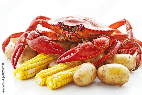 Steaming crab boil with bright red crabs, corn, and potatoes, on solid white background, single object