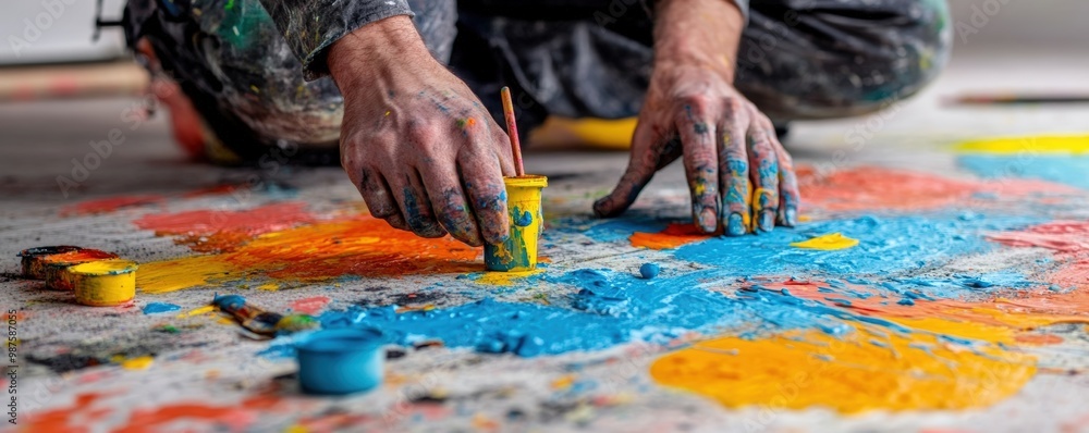 Creative hands apply vibrant paint on a colorful s, showcasing artistic expression and talent in a lively studio environment. Creative hands apply vibrant paint on a colorful s, showcasing artistic expression and talent in a lively studio environment.