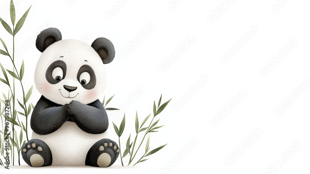 Cute cartoon panda sitting beside bamboo. Perfect for children's books and playful designs. Cute cartoon panda sitting beside bamboo. Perfect for children's books and playful designs.