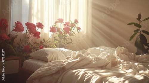 Serene sunlit bedroom with disheveled bed and soft rays of sunshine filtering through flowers