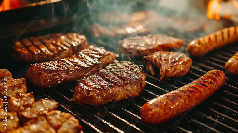 A sizzling grill with various cuts of meat cooking to perfection, including juicy steaks and sausages, with smoke and grill marks visible. A sizzling grill with various cuts of meat cooking to perfection, including juicy steaks and sausages, with smoke and grill marks visible.