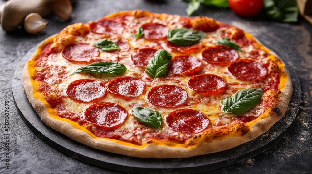 Tasty pepperoni pizza with basil on grey table Tasty pepperoni pizza with basil on grey table