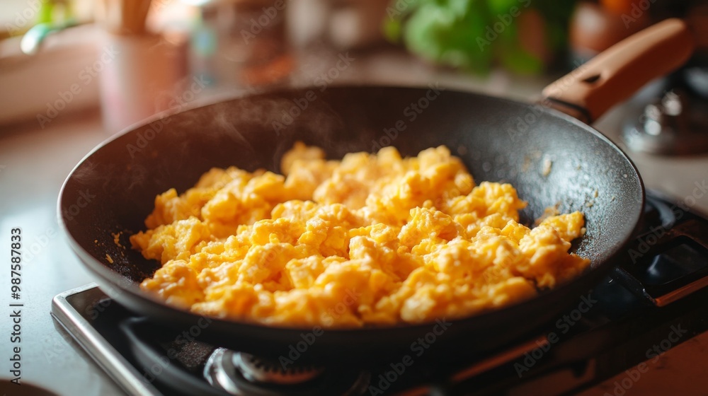 A skillet with golden, fluffy scrambled eggs being served from, with a focus on the texture and color of the eggs, and a background of a cozy kitchen setting. A skillet with golden, fluffy scrambled eggs being served from, with a focus on the texture and color of the eggs, and a background of a cozy kitchen setting.