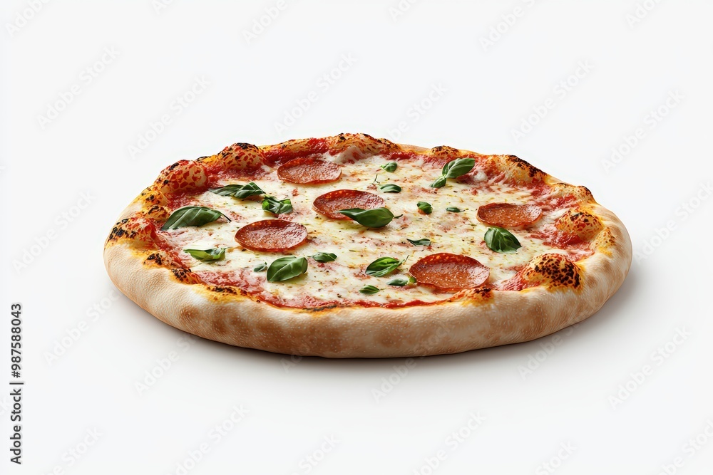 Delicious pepperoni pizza topped with fresh basil on a golden crust, perfect for food lovers and culinary enthusiasts. Delicious pepperoni pizza topped with fresh basil on a golden crust, perfect for food lovers and culinary enthusiasts.