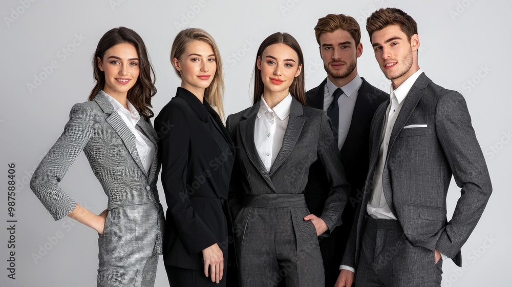 Corporate team in uniform business attire, showcasing a range of formal outfits, from pencil skirts to tailored trousers, complemented by neat hairstyles Corporate team in uniform business attire, showcasing a range of formal outfits, from pencil skirts to tailored trousers, complemented by neat hairstyles