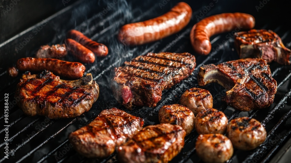 A sizzling grill with various cuts of meat cooking to perfection, including juicy steaks and sausages, with smoke and grill marks visible. A sizzling grill with various cuts of meat cooking to perfection, including juicy steaks and sausages, with smoke and grill marks visible.