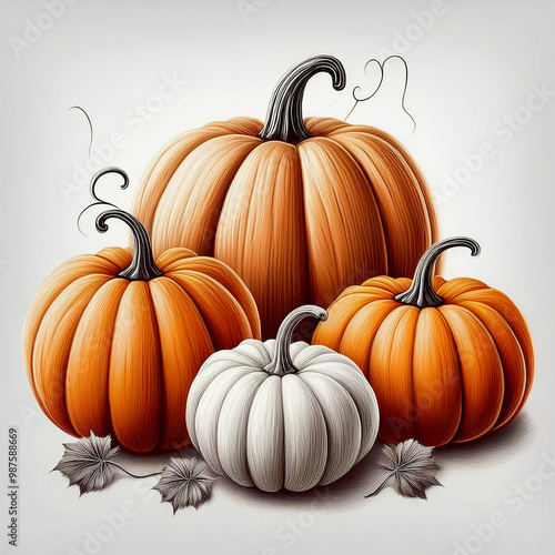 realistic pumpkin of different sizes and shapes, placed on a pure white background