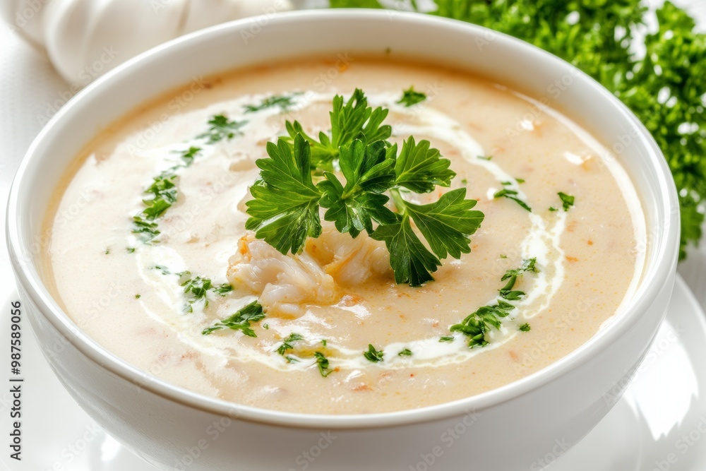 Creamy crab bisque with a swirl of cream and fresh parsley garnish, on solid white background, single object Creamy crab bisque with a swirl of cream and fresh parsley garnish, on solid white background, single object