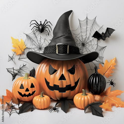 Halloween decorations displayed on a pure white background