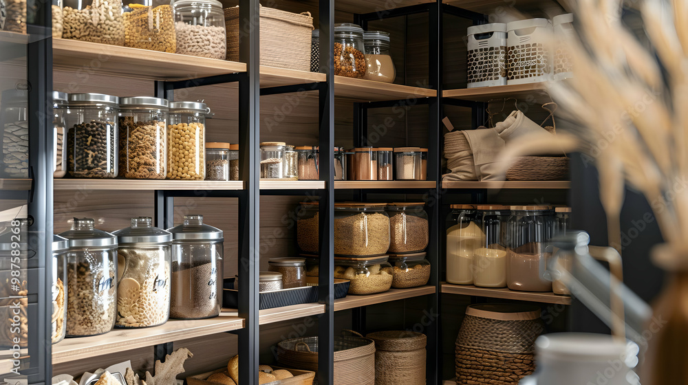 Organized Pantry with Glass Jars and Storage Shelves Organized Pantry with Glass Jars and Storage Shelves