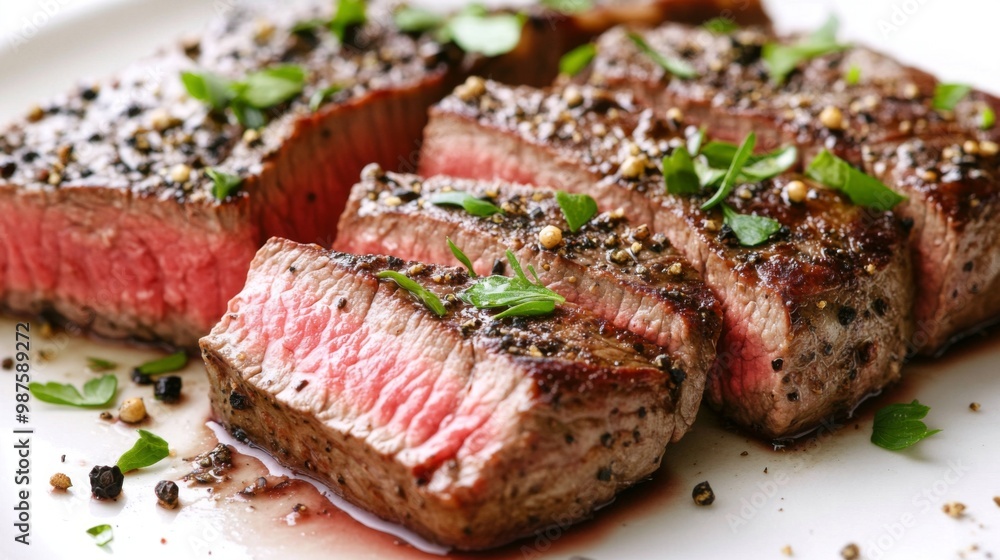 A sliced steak with a rich, red interior, garnished with fresh herbs and a sprinkle of black pepper, presented on a white plate for a clean and appetizing visual. A sliced steak with a rich, red interior, garnished with fresh herbs and a sprinkle of black pepper, presented on a white plate for a clean and appetizing visual.