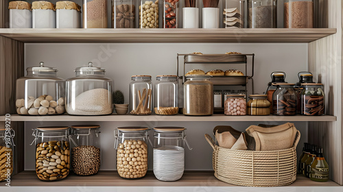 Organized Kitchen Pantry with Glass Jars and Wooden Shelves