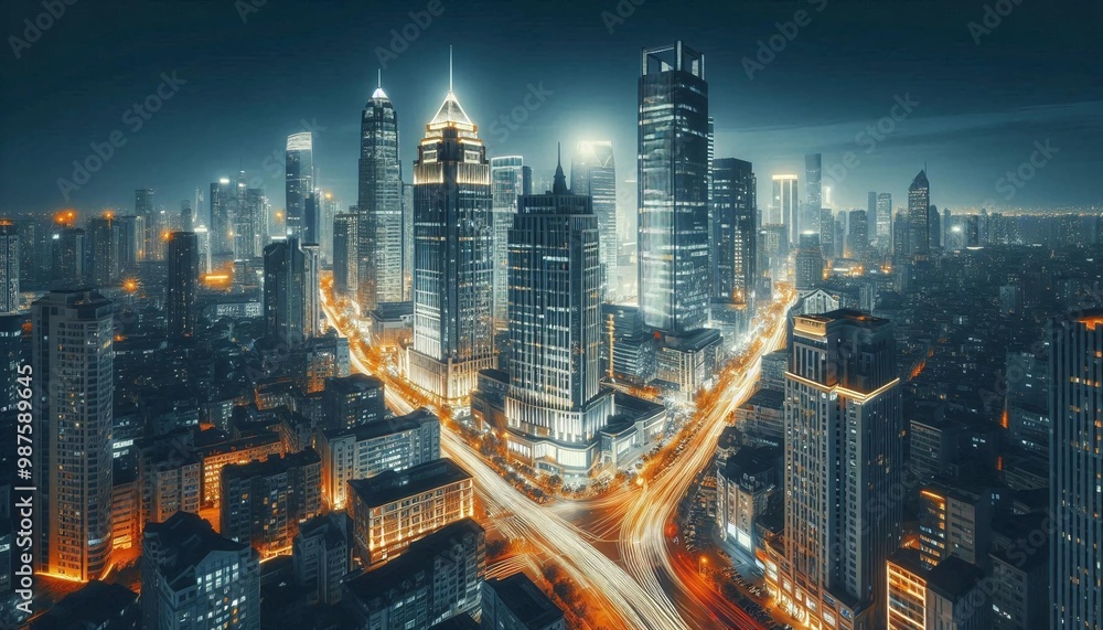 Fototapeta premium A stunning nighttime cityscape featuring towering skyscrapers and brightly lit streets with fast-moving lights, showcasing a modern urban environment full of life and energy.