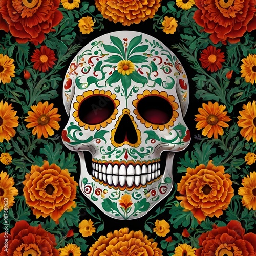 illustration of a Day of the Dead sugar skull with colorful floral patterns