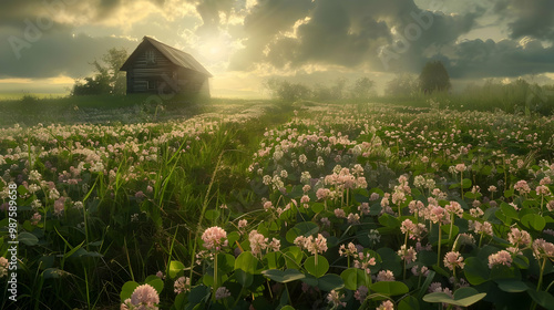Cottage in a Field of Wildflowers at Sunset