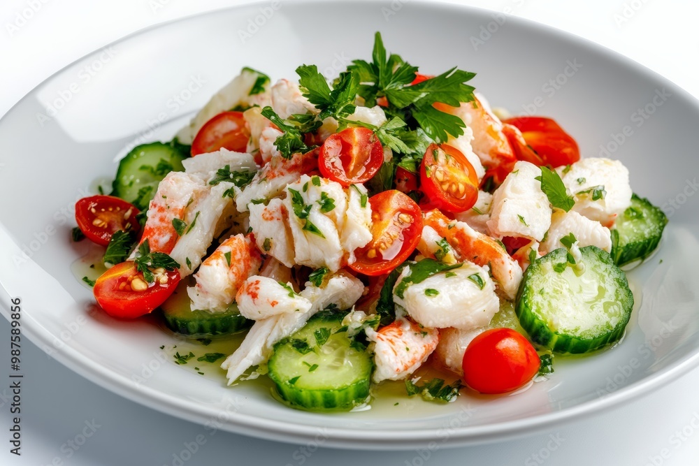 Colorful crab salad with cherry tomatoes, cucumber, and a light vinaigrette, on solid white background, single object Colorful crab salad with cherry tomatoes, cucumber, and a light vinaigrette, on solid white background, single object