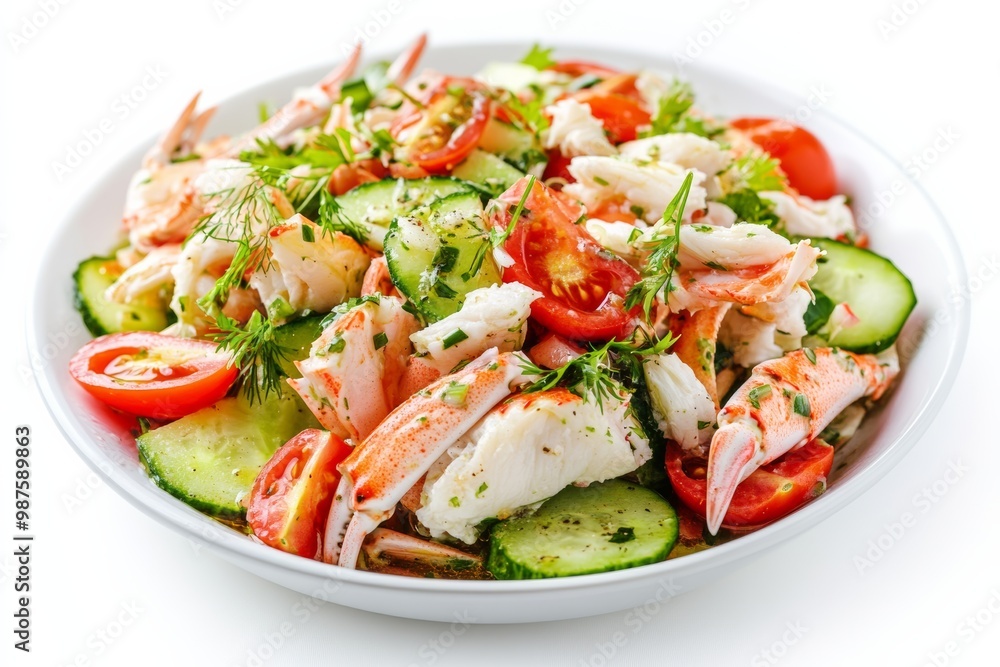 Colorful crab salad with cherry tomatoes, cucumber, and a light vinaigrette, on solid white background, single object Colorful crab salad with cherry tomatoes, cucumber, and a light vinaigrette, on solid white background, single object