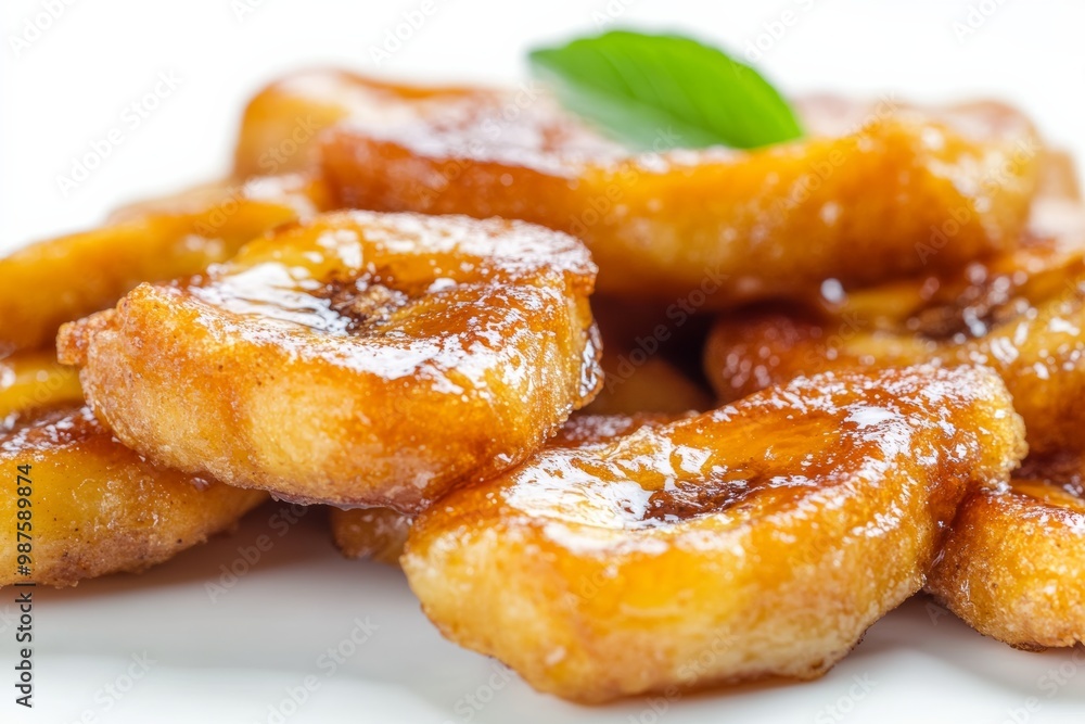 Close-up of fried banana pieces with caramelized edges on a clean white background Close-up of fried banana pieces with caramelized edges on a clean white background