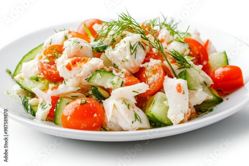 Colorful crab salad with cherry tomatoes, cucumber, and a light vinaigrette, on solid white background, single object