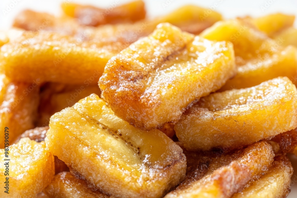 Close-up of fried banana pieces with caramelized edges on a clean white background Close-up of fried banana pieces with caramelized edges on a clean white background