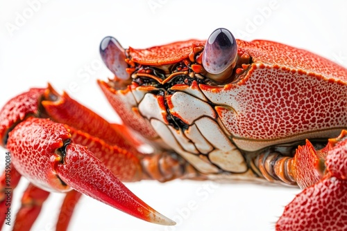 Close-up of a vibrant red crab with detailed texture on its shell, on solid white background, single object photo