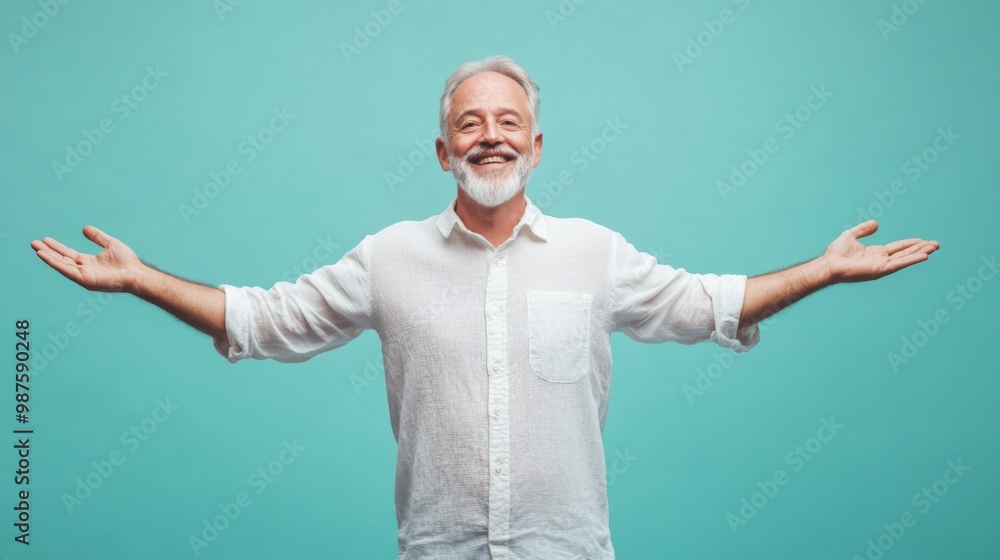 Fototapeta premium Mature Caucasian man with open arms isolated on blue background , studio shot of an handsome white European old retired guy with happy smiling face welcome with open arms on soft color backdrop