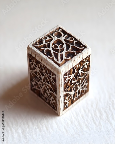 Intricately Carved Wooden Stamp with Textured Papyrus like Surface and Elegant Geometric Patterns photo