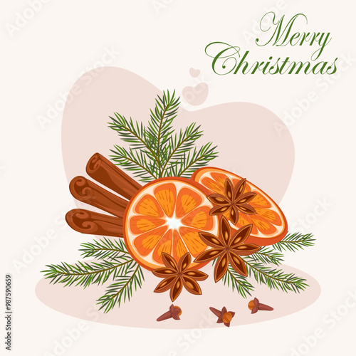 Christmas composition. Conifer branches with orange vector illustration. Pine cone, spruce, fir tree branches, cinnamon and rowan. Stock winter nature clipart isolated on white.