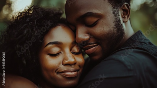 Couple hugging tightly, with eyes closed and content expressions, conveying deep affection and connection in a serene setting