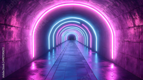 Neon Lights in a Tunnel 3D Illustration