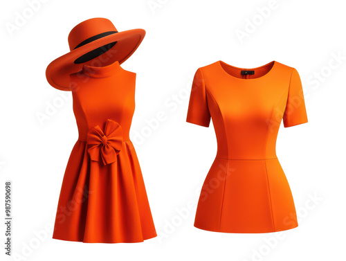 Two vibrant orange outfits: a stylish dress with a bow and a trendy top, both showcasing bold fashion choices against a black background.