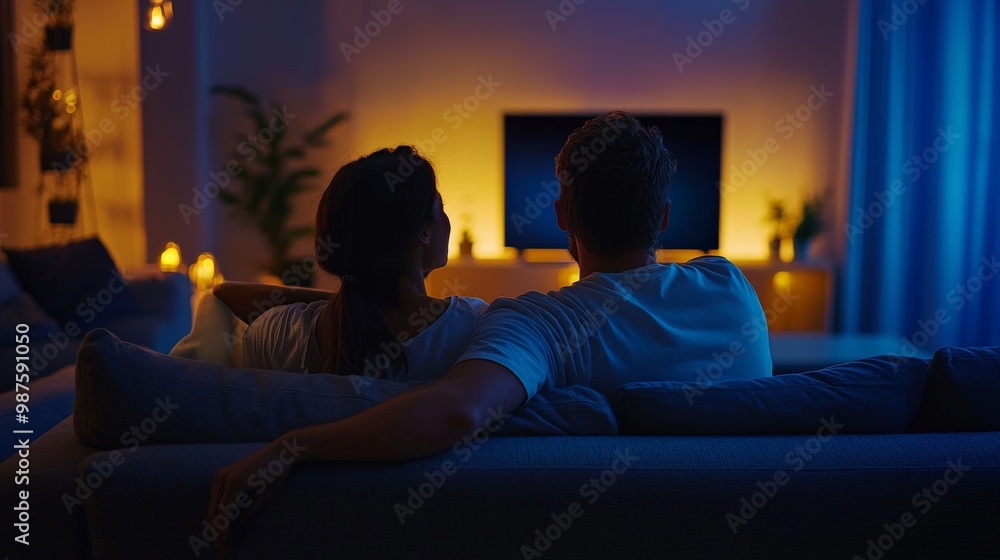 Couple relaxing on the couch in the evening, watching TV and enjoying a quiet moment together, with dim lighting and a calm vibe Couple relaxing on the couch in the evening, watching TV and enjoying a quiet moment together, with dim lighting and a calm vibe