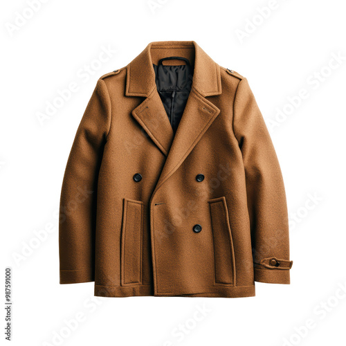 A stylish, double-breasted brown coat displayed against a black background, perfect for modern fashion and winter wear.