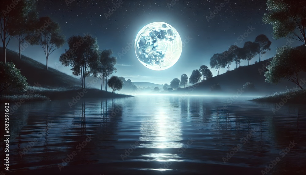Serene nighttime landscape with a glowing full moon reflecting on a calm lake, surrounded by trees under a starry sky. Serene nighttime landscape with a glowing full moon reflecting on a calm lake, surrounded by trees under a starry sky.