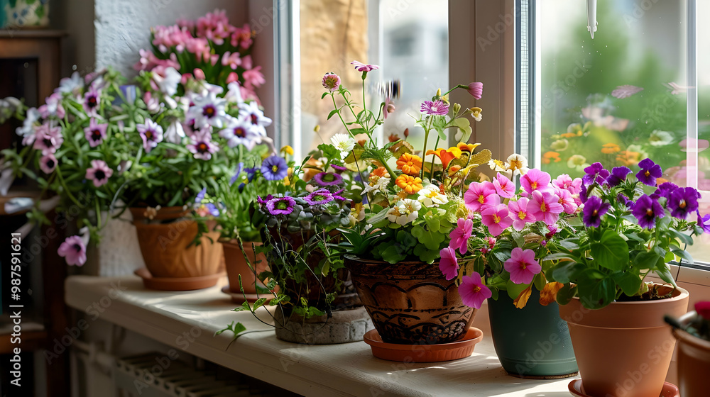Fototapeta premium Vibrant Blooms on a Windowsill A Colorful Floral Display