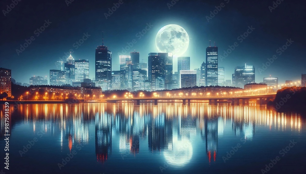 Naklejka premium A stunning nighttime cityscape under a full moon, reflecting perfectly on a calm body of water. The bright city lights and the moon create a magical, serene atmosphere