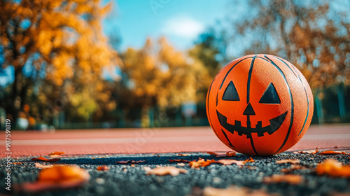 Halloween pumpkin jack-o-lantern face on basketball ball with basketball court background, halloween and sport concept photo