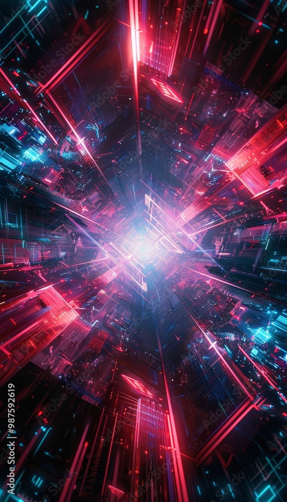 Fototapeta premium Captivating neon geometric structures in a dynamic abstract cyberspace environment