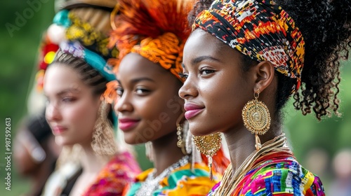 Cultural celebration featuring diverse participants in traditional clothing, each with distinct hairstyles and accessories that reflect their heritage