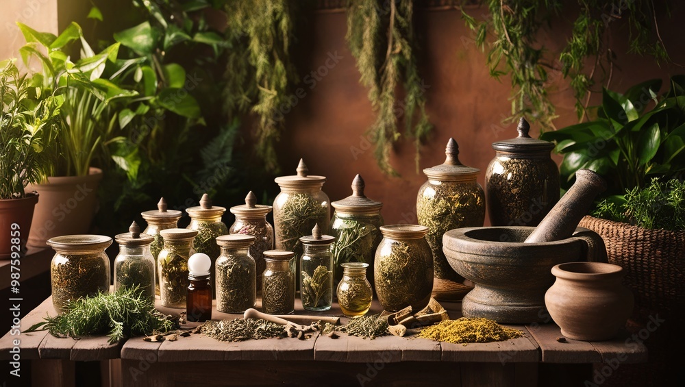 Traditional healer’s workspace, featuring rare herbs and botanical remedies laid out in glass jars and mortar and pestle Traditional healer’s workspace, featuring rare herbs and botanical remedies laid out in glass jars and mortar and pestle