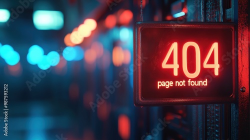 Neon "404 Page Not Found" Sign with Digital Server Background for Tech Concept