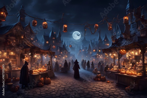 A halloween themed marketplace at night with stalls selling spooky items, Ai Generated