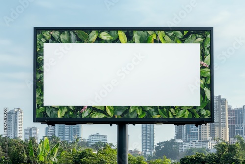 Wallpaper Mural A blank billboard framed by lush green leaves in an urban setting, perfect for advertising or creative displays. Torontodigital.ca