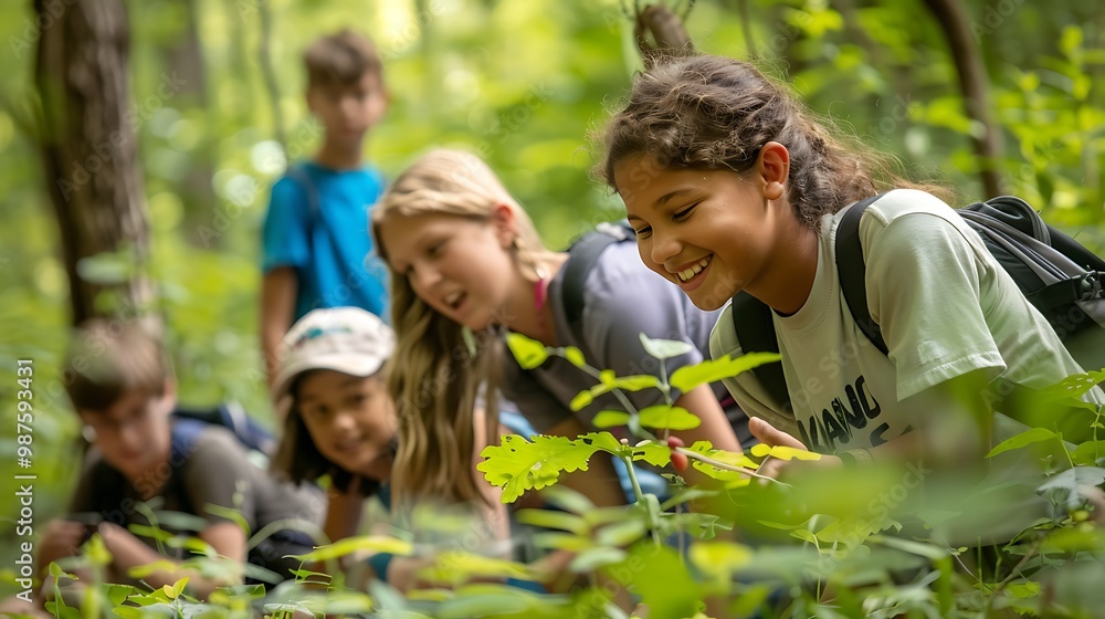 Obraz premium Students learning outdoors in forest, hands-on activities such as environmental science experiments, benefits of outdoor education in fostering connection to natural world and experiential learning