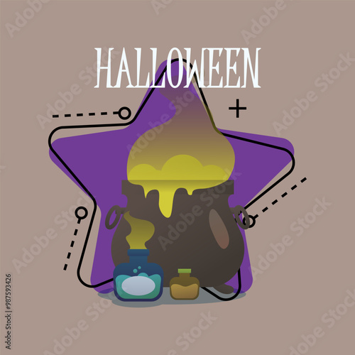 Halloween lettering with bottles with poison and cauldron with potion. Typed text, calligraphy. Holiday, celebration, party, magic concept. Vector illustration for banner or poster design