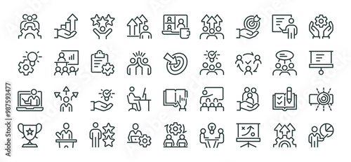 Workshop, business education, online learning icons pack. Such line signs as team building, coaching meeting, managing and motivation. Vector icons set for web and app in outline editable stroke. photo